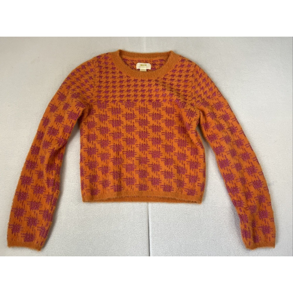 Maeve Anthropologie Womens SM Orange Houndstooth Fuzzy Cropped Sweater Crop